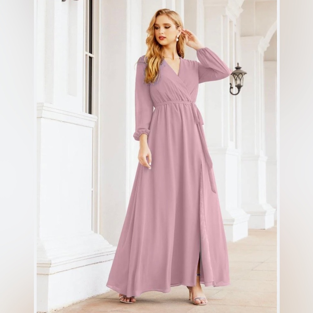 D8 Studio Women's Lavender Chiffon Bridesmaid A line Long Sleeve Dress
